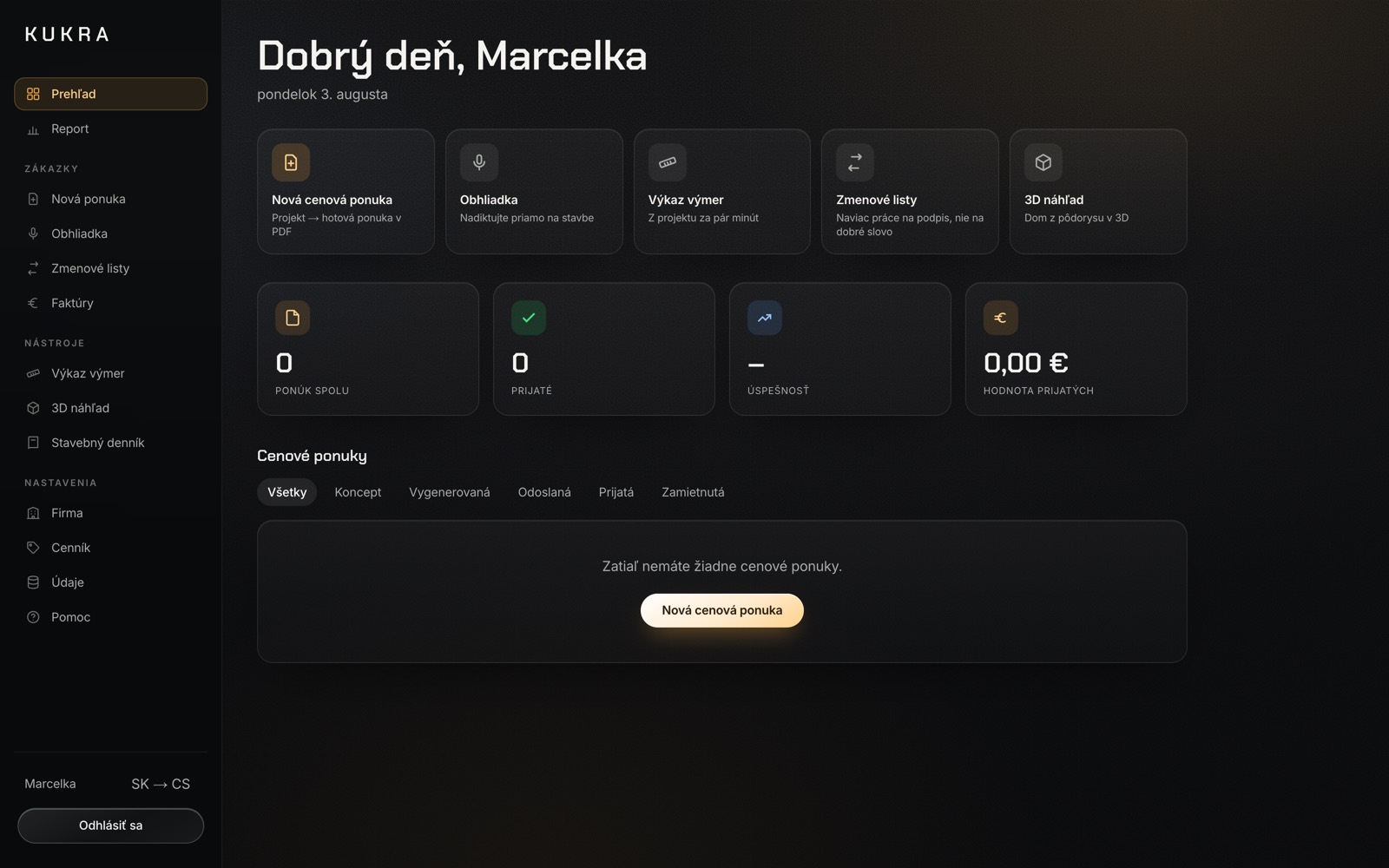 KUKRA app overview — the left-hand menu lists the site diary among the tools