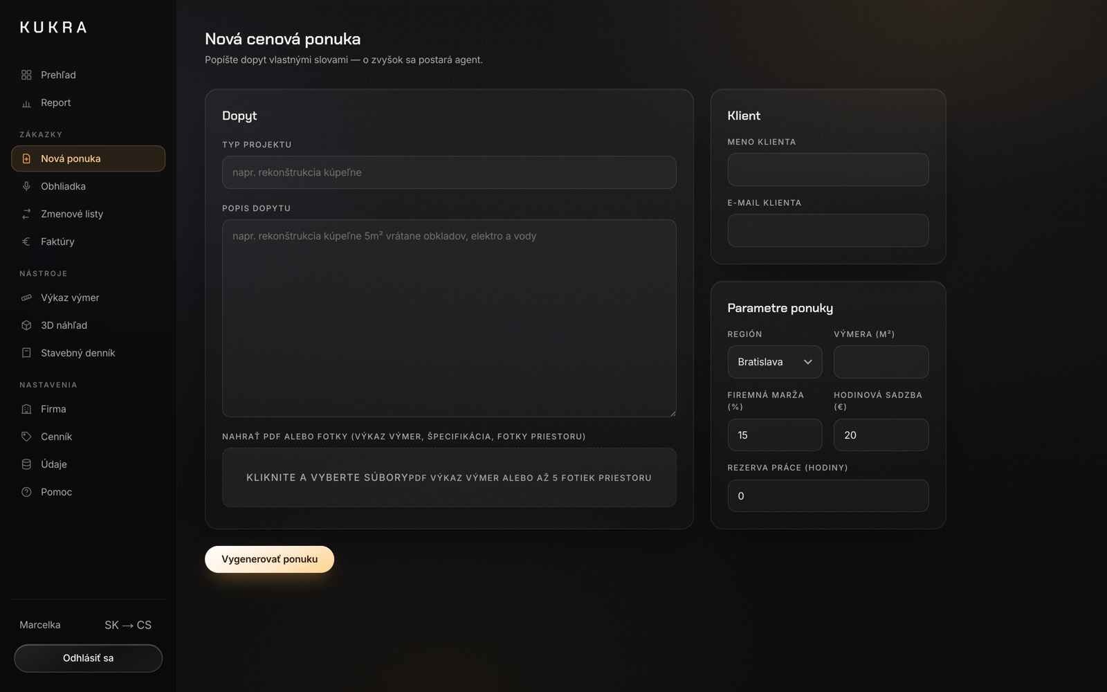 KUKRA app screen: a new quote with items, quantities and labour and material prices
